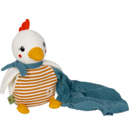 Plüsch-Huhn mit orangefarbenen Streifen, blauem Schal und befestigter blauer Decke vor weißem Hintergrund.