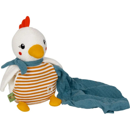 Plüsch-Huhn mit orangefarbenen Streifen, blauem Schal und befestigter blauer Decke vor weißem Hintergrund.