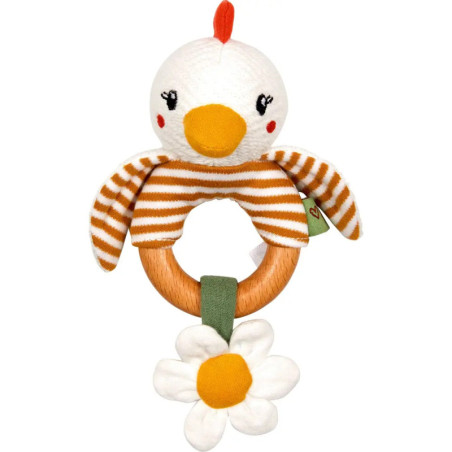 Plüsch-Hühner-Rassel mit gestreiften Flügeln, Holzring und angefügter weißer Stoffblume.