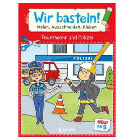 Buchcover: Polizist und Feuerwehrmann mit Bastelmaterialien vor einer Polizeiwache.
