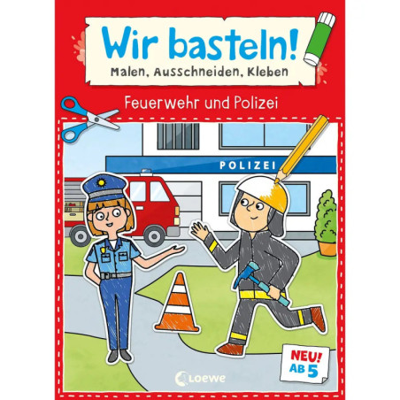 Buchcover: Polizist und Feuerwehrmann mit Bastelmaterialien vor einer Polizeiwache.