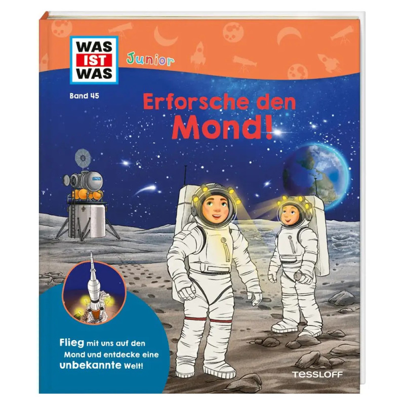 Kinder in Raumanzügen stehen auf dem Mond, die Erde im Hintergrund eine Mondlandefähre ist in der Nähe.