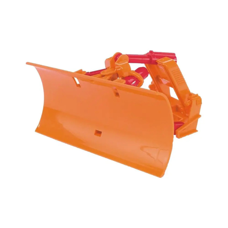 Orange-roter Kunststoff-Spielzeug-Bulldozer-Aufsatz vor weißem Hintergrund.