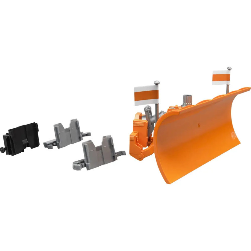 Oranger Spielzeug-Schneepflug mit kleinen Fahnen und grauen sowie schwarzen Verbindungssteilen vor weißem Hintergrund. Oranger Spielzeug-Schneepflug mit kleinen Fahnen und grauen sowie schwarzen Verbindungssteilen vor weißem Hintergrund.