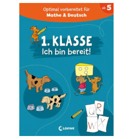 Ein deutsches Erstklass-Arbeitsheft-Cover mit Comic-Hunden, Zahlen und Buchstaben auf blauem Hintergrund.
