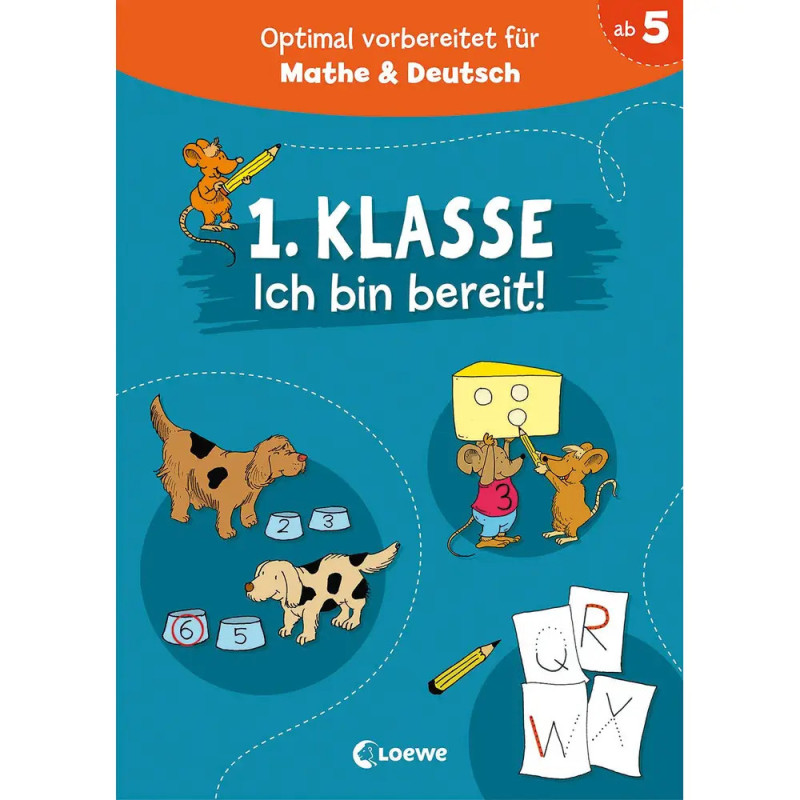 Ein deutsches Erstklass-Arbeitsheft-Cover mit Comic-Hunden, Zahlen und Buchstaben auf blauem Hintergrund.