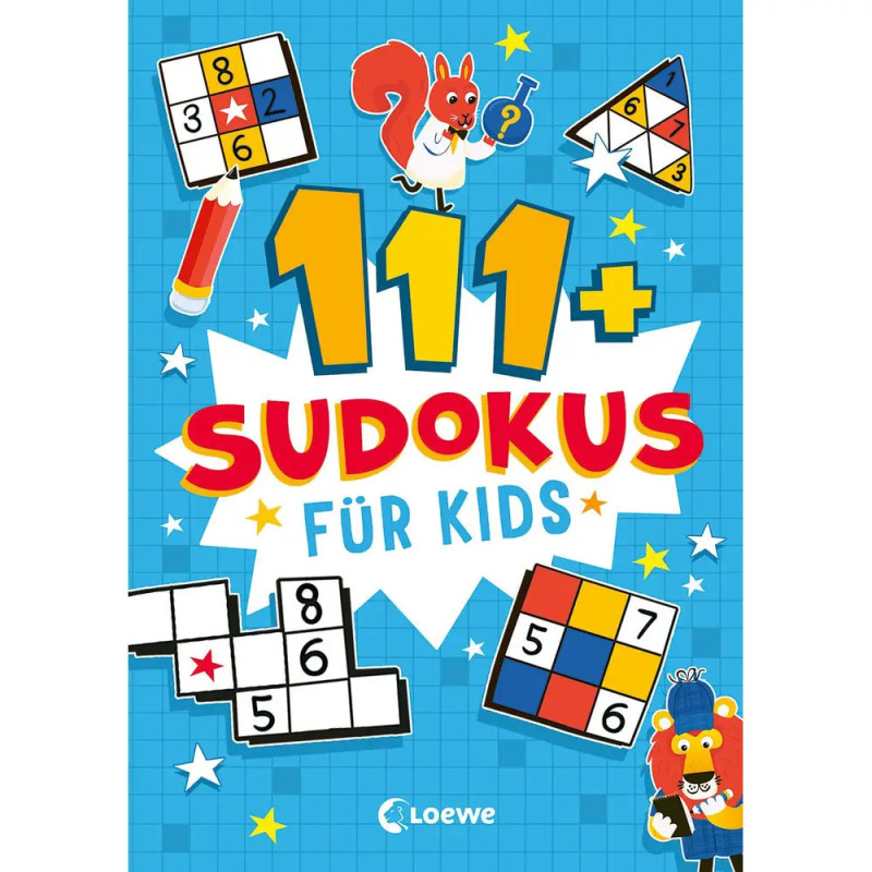 Buntes Buchcover mit Schriftzug 111+ Sudokus für Kids, Sudoku-Rätseln, einem Eichhörnchen und Comic-Grafiken.