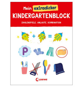 Einband eines deutschen Kindergarten-Mitmachbuchs mit bunten Raketen, Gegenständen und verspieltem Text.