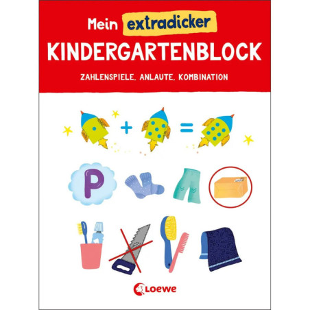 Einband eines deutschen Kindergarten-Mitmachbuchs mit bunten Raketen, Gegenständen und verspieltem Text.