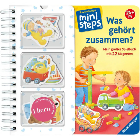 Magnetisches Spielbuch Was gehört zusammen? mit spielenden Kindern und bunten Magneten auf dem Cover.