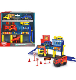 Spielset: Notfallstation mit Autos, Schildern, Hütchen und Feuerwehrauto in bunter Verpackung.