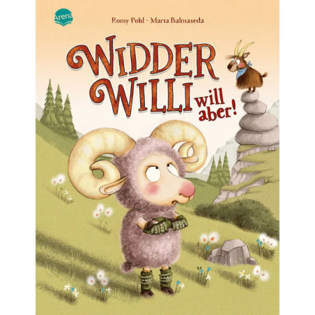 Ein Schaf mit großen Hörnern blickt zu einer Ziege auf einem Felsen, unter dem Titel Widder Willi will aber!.