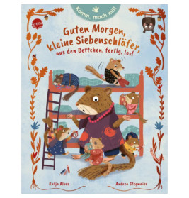 Illustrierter Buchumschlag: Siebenschläfer bereiten sich am Etagenbett auf den Tag vor. Deutsches Kinderbuch.