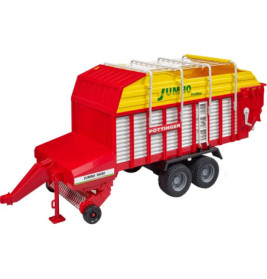 Rot-gelber Pöttinger Jumbo 6600 Futtersammelwagen mit zwei Achsen und Deichsel.