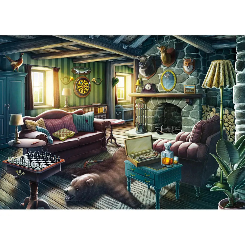 Gemütliches Wohnzimmer im Landhausstil mit Bärenfell, Vintage-Möbeln, Kamin, Tierpräparaten und viel Sonnenlicht.