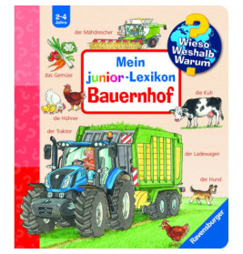 Deutsches Kinderbuchcover mit Bauernhoftieren, Traktor und bunten Illustrationen einer ländlichen Szenerie.