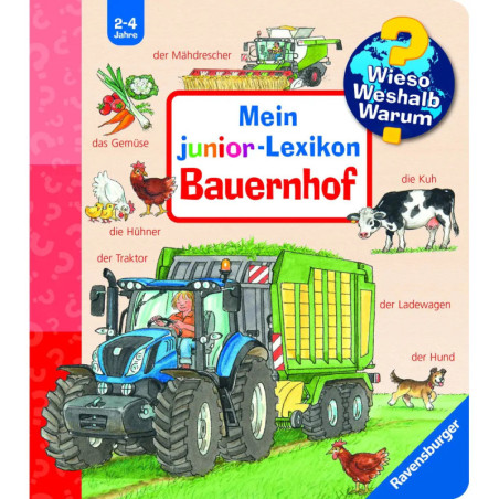 Deutsches Kinderbuchcover mit Bauernhoftieren, Traktor und bunten Illustrationen einer ländlichen Szenerie.