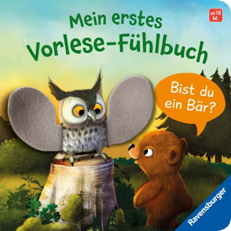 Eule und Bärenjunges auf Buchcover mit deutschem Text, Filzstruktur am Flügel der Eule.