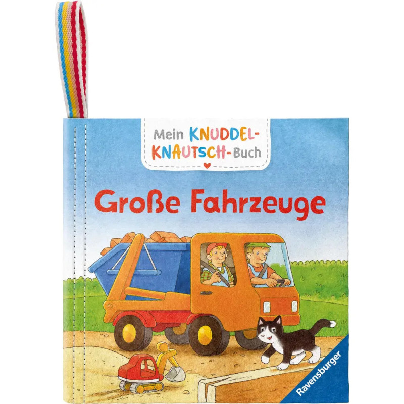 Kinderbuchcover: Cartoon-Kipplaster, zwei Fahrer, eine Katze und ein Spielzeugauto Titel auf Deutsch.