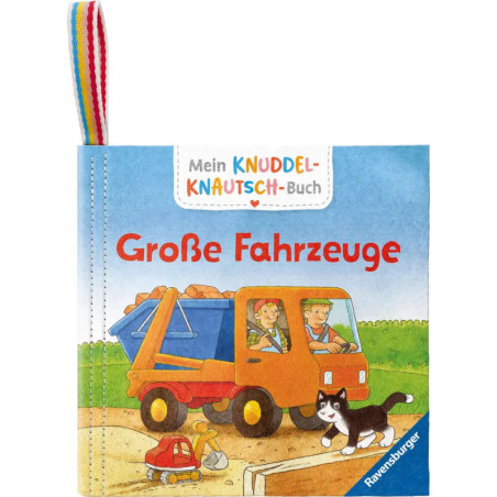 Kinderbuchcover: Cartoon-Kipplaster, zwei Fahrer, eine Katze und ein Spielzeugauto Titel auf Deutsch.