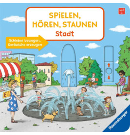 Kinder spielen im Stadtparkbrunnen, Erwachsene sehen zu. Über der Szene steht ein deutscher Titeltext.
