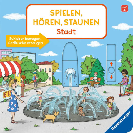 Kinder spielen im Stadtparkbrunnen, Erwachsene sehen zu. Über der Szene steht ein deutscher Titeltext.