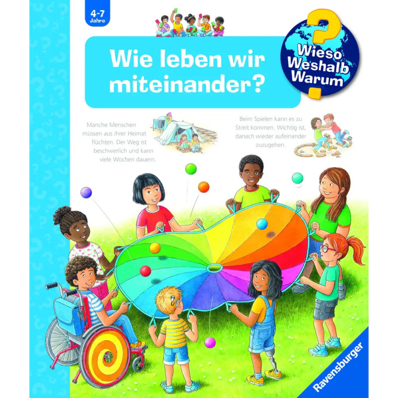 Kinder spielen draußen mit einem bunten Fallschirm Buchtitel: Wie leben wir miteinander?.
