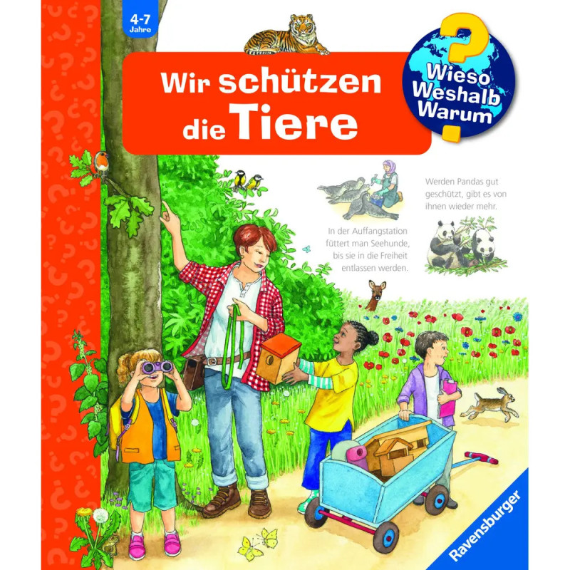 Erwachsene und Kinder helfen Tieren in bunter Natur deutsches Buchcover.