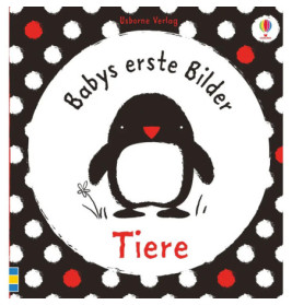 Buchcover mit gezeichnetem Pinguin, deutsch Babys erste Bilder Tiere, gepunkteter Rand.