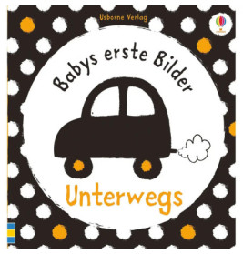 Buchcover mit schwarzem Auto und dem deutschen Titel Babys erste Bilder Unterwegs auf gepunktetem Hintergrund.