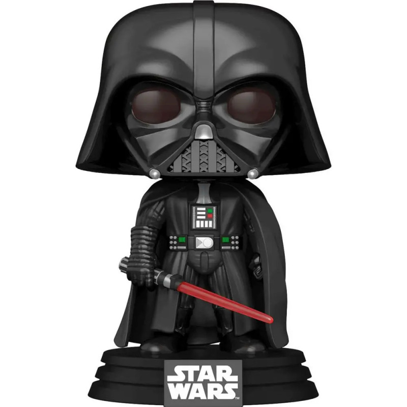 Funko Pop Figur von Darth Vader mit rotem Lichtschwert auf Star Wars Sockel.