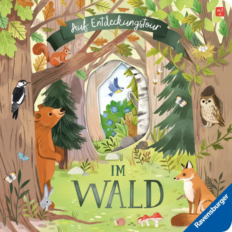 Illustration: Bär, Fuchs, Eule, Eichhörnchen, Specht, Hase und Bäume im Wald deutscher Text: Im Wald. Illustration: Bär, Fuchs, Eule, Eichhörnchen, Specht, Hase und Bäume im Wald deutscher Text: Im Wald.