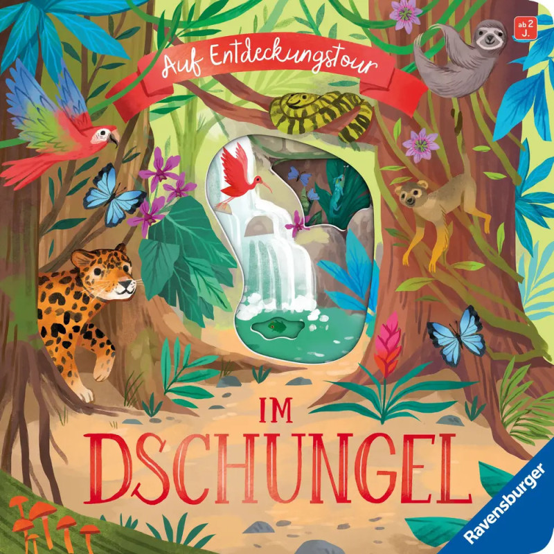 Dschungel-Illustration mit bunten Tieren, Pflanzen, Wasserfall und dem Schriftzug Im Dschungel auf dem Cover. Dschungel-Illustration mit bunten Tieren, Pflanzen, Wasserfall und dem Schriftzug Im Dschungel auf dem Cover.