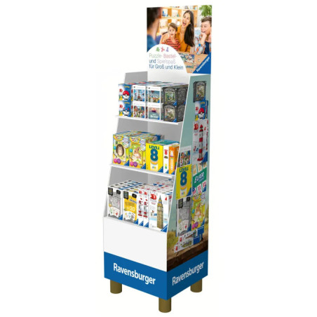 Verkaufsständer mit Ravensburger Puzzles und Spielen in bunten Boxen und Werbemotiven.