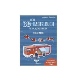Buchcover mit 3D-Feuerwehrwagen und Feuerwehrmann aus Papier, deutscher Text zu Falten, Kleben und Spielen.