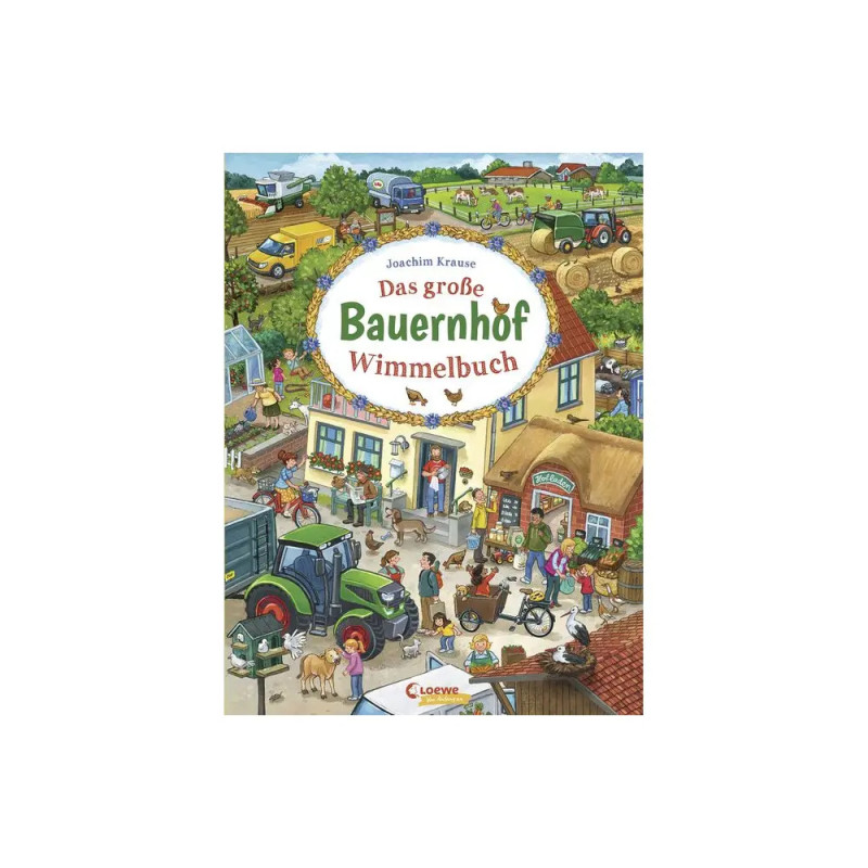Titel: Das große Bauernhof Wimmelbuch. Buntes Kinderbuchcover mit lebendiger Bauernhofszene. Titel: Das große Bauernhof Wimmelbuch. Buntes Kinderbuchcover mit lebendiger Bauernhofszene.