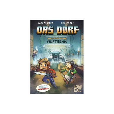 Das Cover von Das Dorf: Verloren in der Finsternis zeigt zwei Kinder, die vor einem Minecraft-Monster fliehen.
