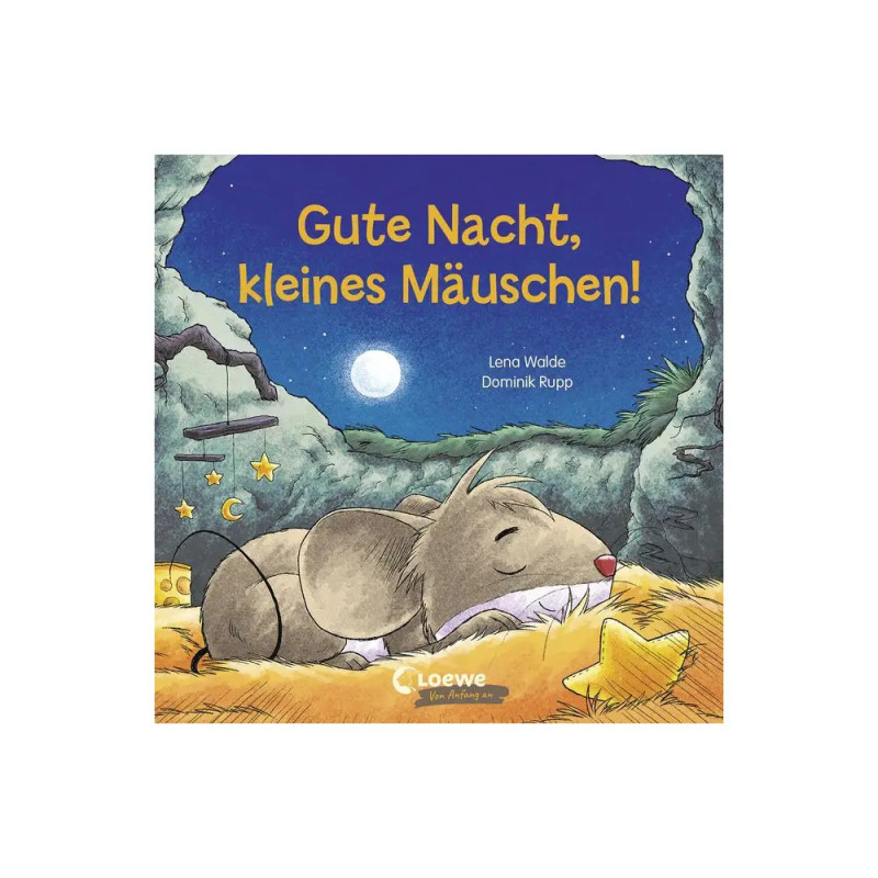 Graue Maus schläft auf Heu unter Nachthimmel, dazu der Text: Gute Nacht, kleines Mäuschen!.