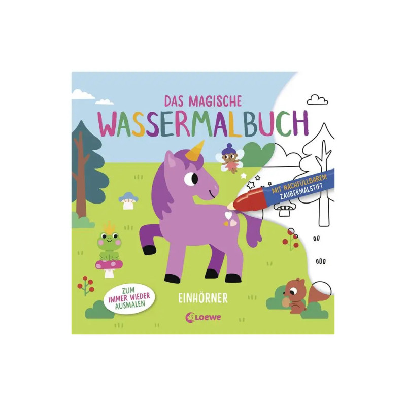 Titelbild eines deutschen Malbuchs: Ein lila Einhorn und Waldtiere sind illustriert abgebildet.