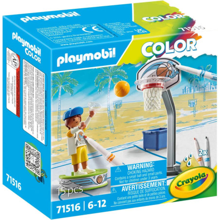Playmobil Color Basketballset mit Crayola-Branding, auf der Verpackung wirft ein Junge einen Basketball.