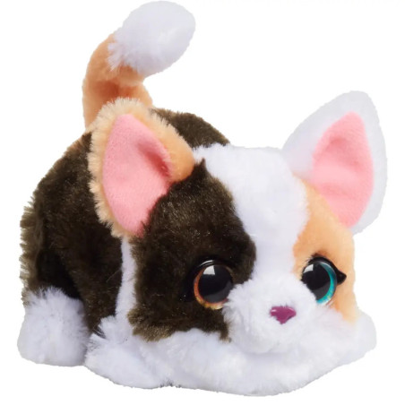 Plüschkatze mit großen Augen, rosa Ohren und gekringeltem Schwanz in Braun, Weiß und Beige.