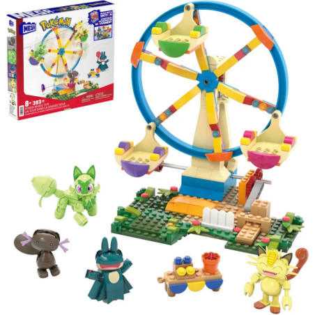 Buntes Pokémon Mega Construx Riesenrad-Set mit Figuren von Sprigatito, Munchlax, Meowth und Wooper.