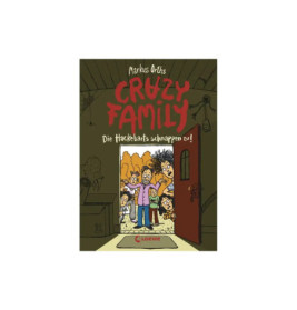 Buchcover von Crazy Family mit einer überraschten Familie an der Tür, cartoonhaft illustriert.