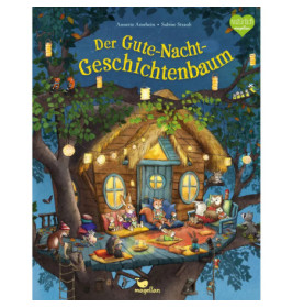 Illustrierte Tiere versammeln sich nachts unter Laternen am Baumhaus, lesen und teilen Geschichten.