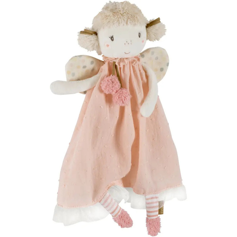 Plüschpuppe mit Flügeln, rosa Kleid und gestreiften Leggings hält zwei pinke Pompons. Plüschpuppe mit Flügeln, rosa Kleid und gestreiften Leggings hält zwei pinke Pompons.