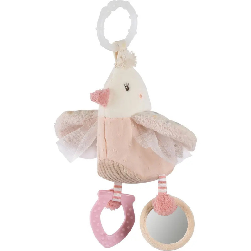 Weiches Plüsch-Vogeltier für Babys mit Beißring, Spiegel und Clip zum Aufhängen in Pastellrosa und Beige. Weiches Plüsch-Vogeltier für Babys mit Beißring, Spiegel und Clip zum Aufhängen in Pastellrosa und Beige.