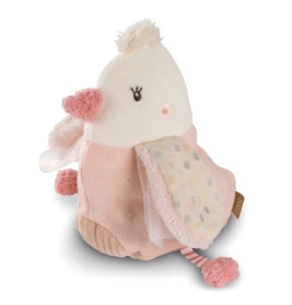 Rosa-weißes Plüschvogeltier mit gepunkteten Flügeln, Bommel-Nase und passendem Schwanz.