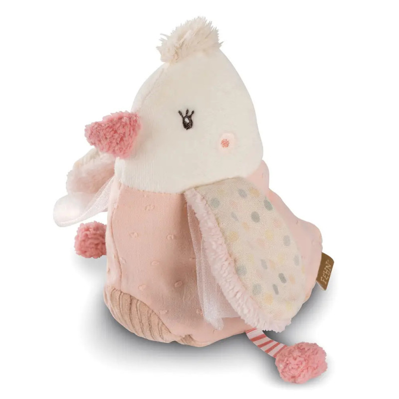 Rosa-weißes Plüschvogeltier mit gepunkteten Flügeln, Bommel-Nase und passendem Schwanz. Rosa-weißes Plüschvogeltier mit gepunkteten Flügeln, Bommel-Nase und passendem Schwanz.