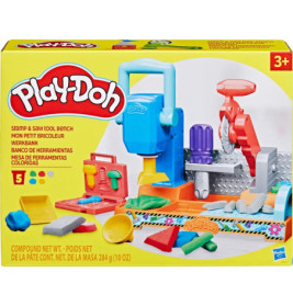 Play-Doh Werkbank-Set mit bunten Werkzeugen und Formen für Kinder ab 3 Jahren.
