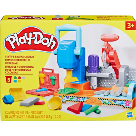 Play-Doh Werkbank-Set mit bunten Werkzeugen und Formen für Kinder ab 3 Jahren.